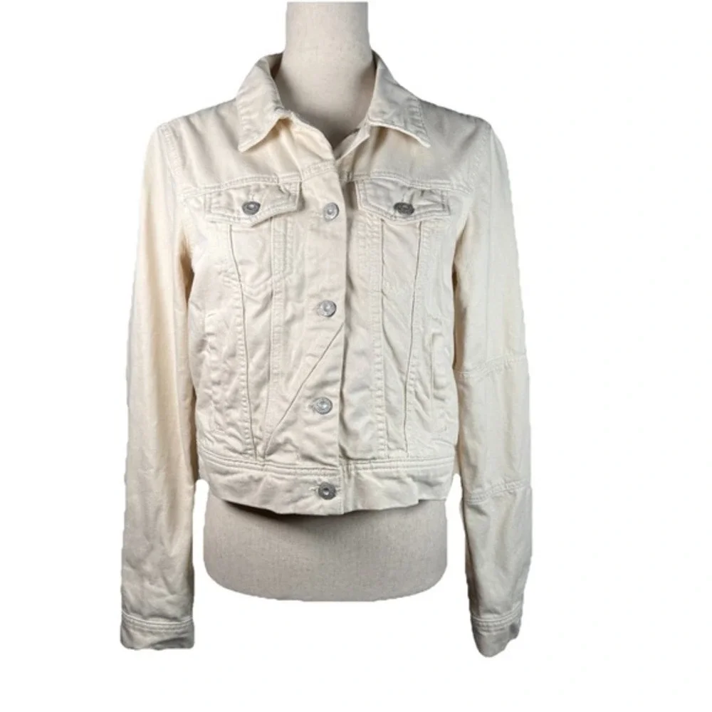 Free People We The Free Denim Jacket Womens XS Cream Cotton Cropped Trucker Boho - Picture 2 of 9